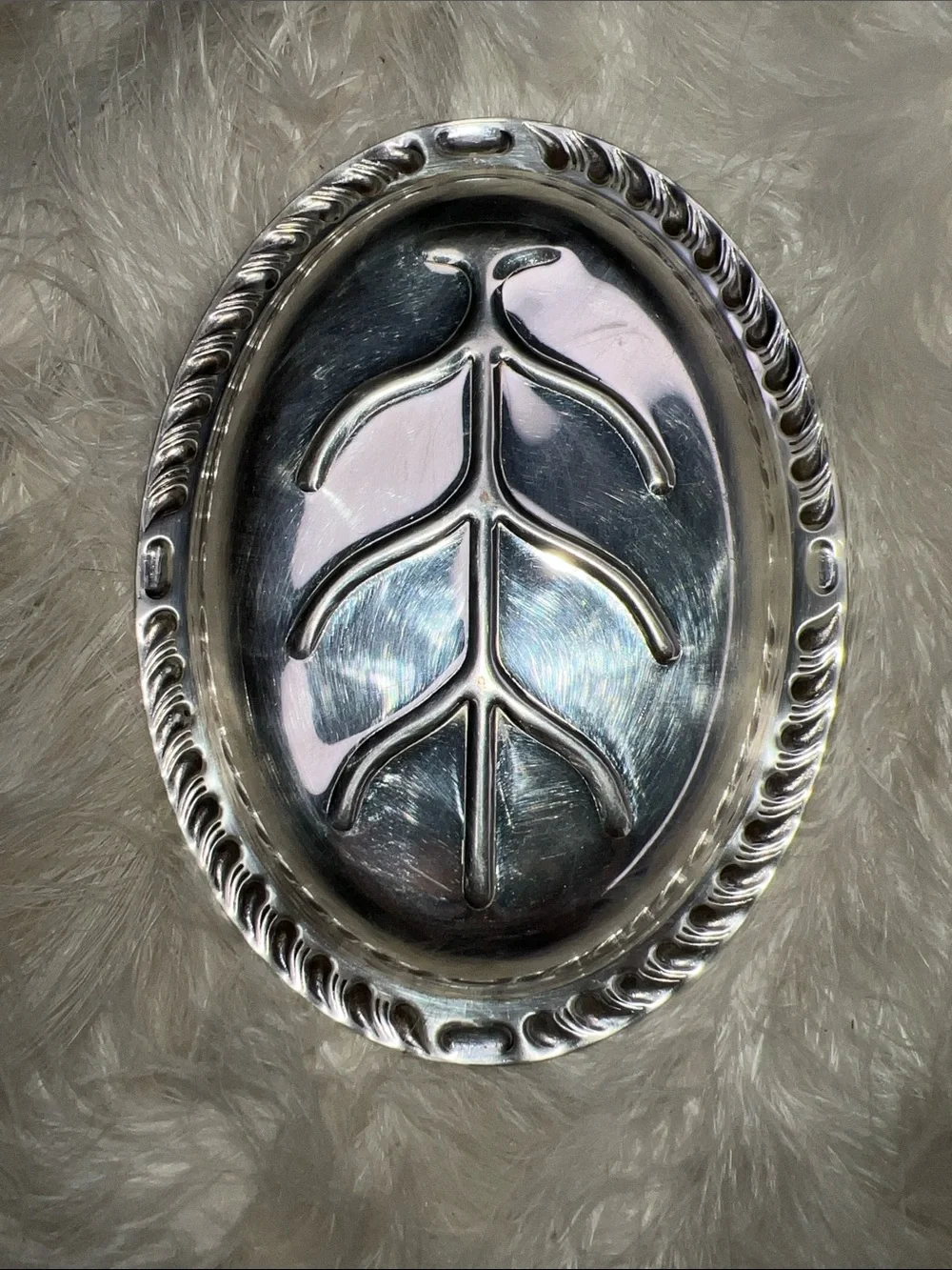 Vintage Antique Silver Plated Oval Decorative Tray with Leaf Motif Jewelry Tray